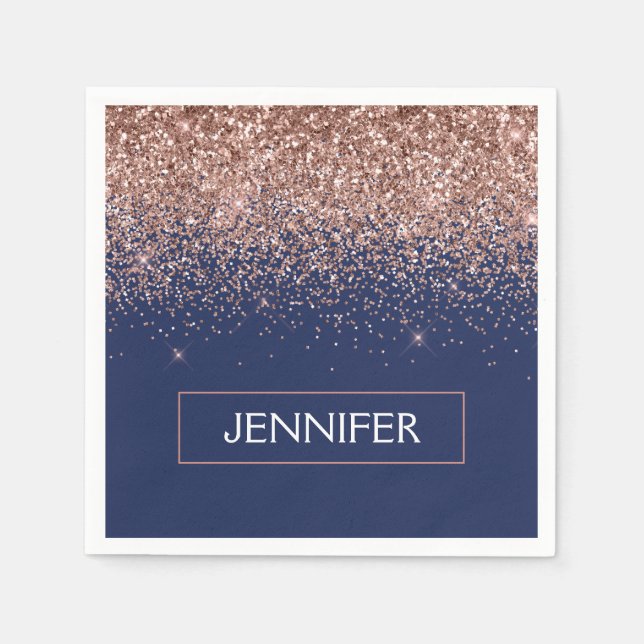 Monogram Glitzer Blush Pink Rose Gold Navy Blue Serviette (Vorderseite)