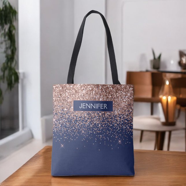 Monogram Glitzer Blush Pink Rose Gold Navy Blue Tasche (Von Creator hochgeladen)