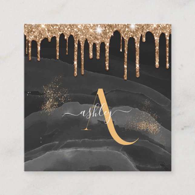 Monogram Glitzer für Gold Dripping Quadratische Visitenkarte (Vorderseite)