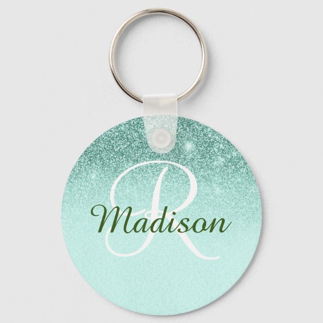 Monogram Glitzer Gift Ombre Green Minze Schlüsselanhänger (Vorderseite)