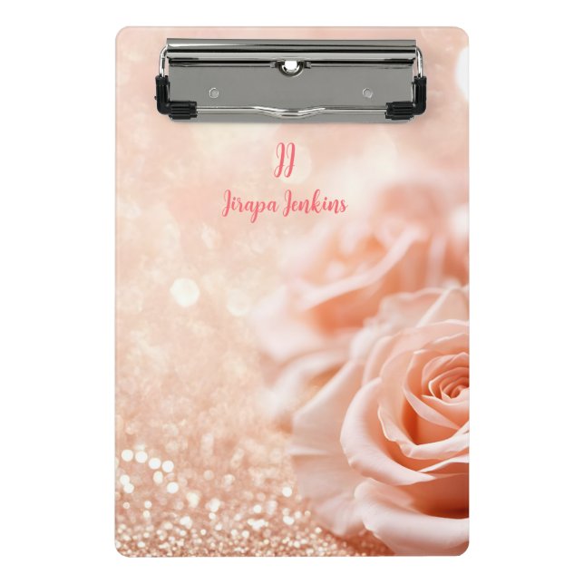 Monogram Glitzer Rose Gold Hintergrund und Rose Mini Klemmbrett (Vorderseite)