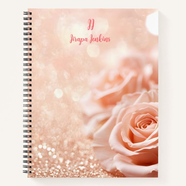 Monogram Glitzer Rose Gold Hintergrund und Rose Notizbuch (Vorderseite)