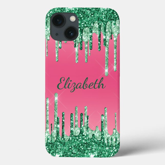 Monogram Glitzer Tropfen Pink Green Trendy Case-Mate iPhone Hülle (Rückseite)