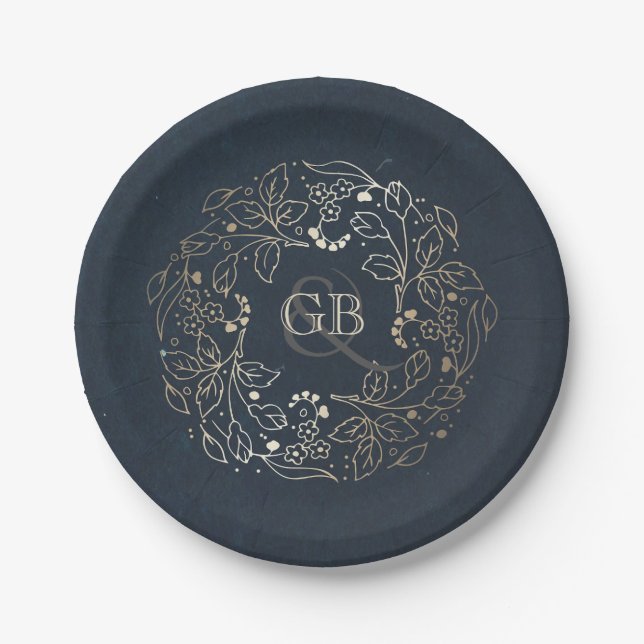 Monogram Gold and Navy Vintag Floral Wedding Pappteller (Vorderseite)