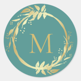 Monogram Gold Aquamariner Weihnachtskranz Umschlag Runder Aufkleber