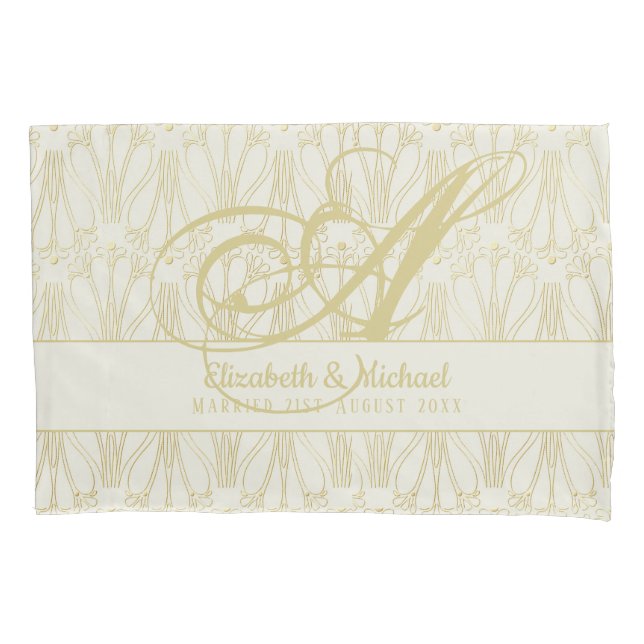 Monogram Gold ArtDeco Newlyweds Wedding Elegant Kissenbezug (Vorderseite)