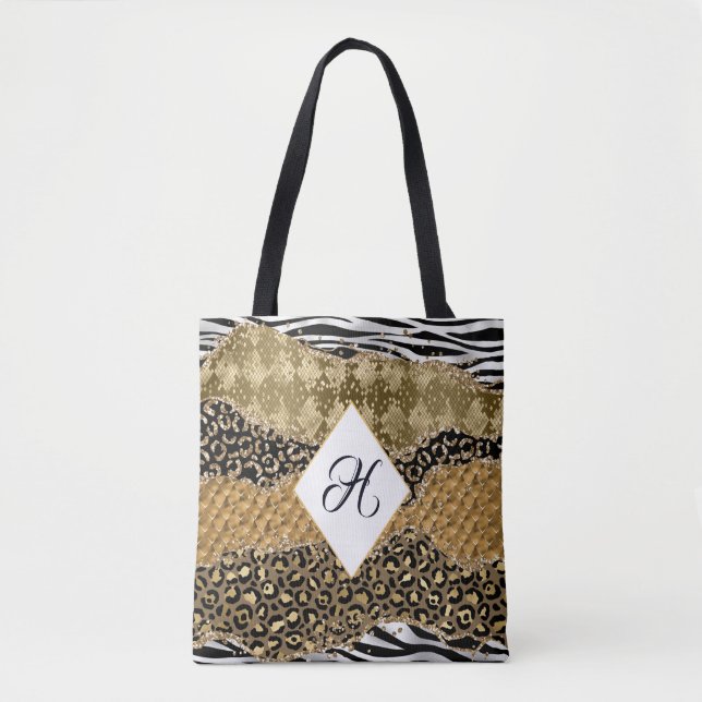 Monogram Gold Black Animal Print Safari Tasche (Vorderseite)