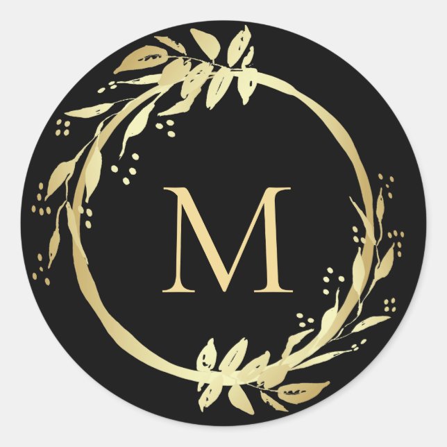 Monogram Gold Black Christmas Wreath Umschlag Aufk Runder Aufkleber (Vorderseite)
