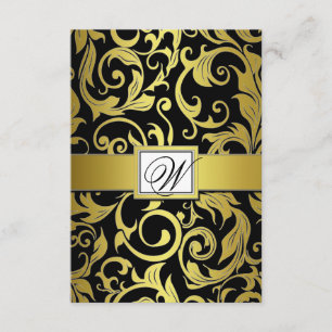 Monogram Gold & Black Damask RSVP Cards Karte