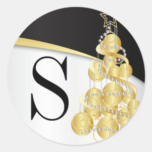 Monogram Gold & Black Frohe Weihnachten Runder Aufkleber