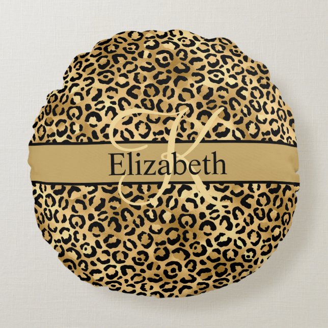 Monogram Gold Black Leopard Print Trendy Rundes Kissen (Vorderseite)