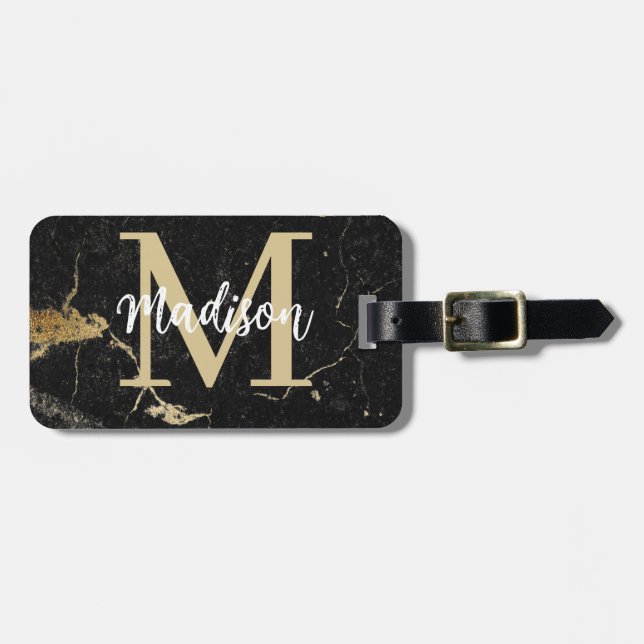 Monogram Gold Black Marble Gepäckanhänger (Vorderseite horizontal)