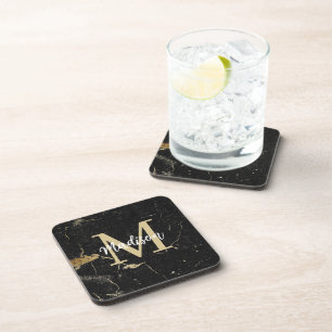 Monogram Gold Black Marble Getränkeuntersetzer