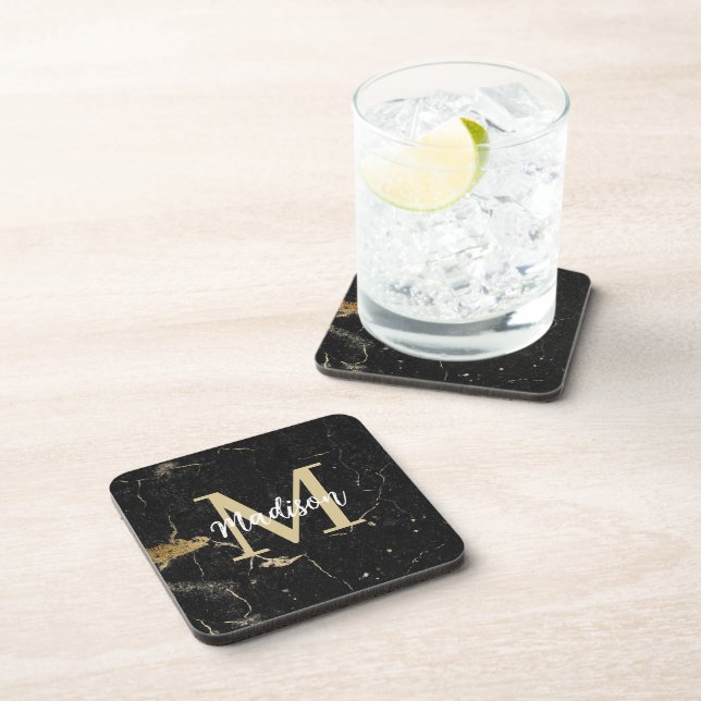 Monogram Gold Black Marble Getränkeuntersetzer (Rechte Seite)