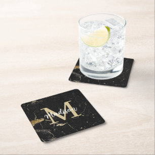 Monogram Gold Black Marble Rechteckiger Pappuntersetzer