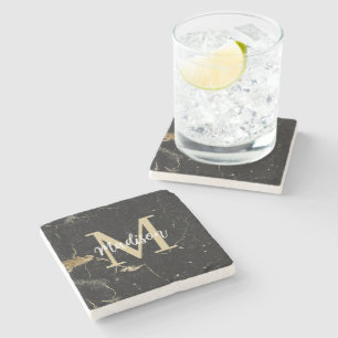 Monogram Gold Black Marble Steinuntersetzer