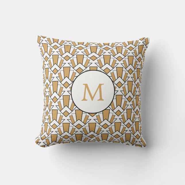 Monogram Gold, Black, White Art Deco Blume Kissen (Vorderseite)