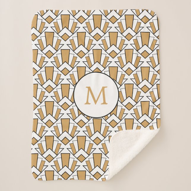 Monogram Gold, Black, White Art Deco Blume Sherpadecke (Vorderseite)