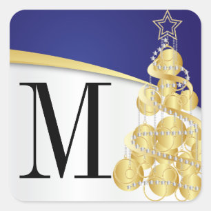 Monogram Gold & Blue Frohe Weihnachten Quadratischer Aufkleber