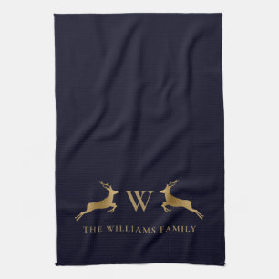 Monogram Gold Deer Midnight Navy Geschirrtuch