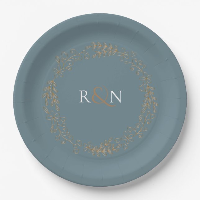 Monogram Gold Floral Laurel Garland Pappteller (Vorderseite)