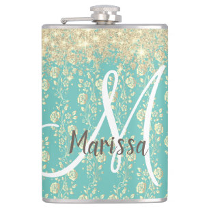 Monogram Gold Floral on Green Aquamarin Flachmann