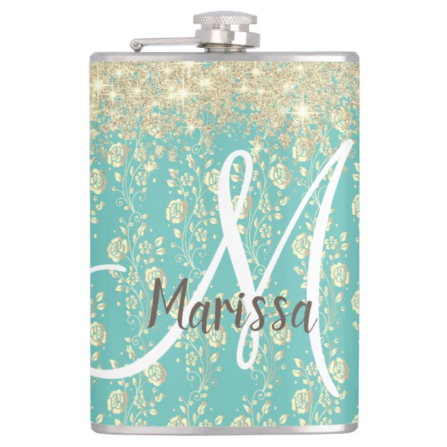 Monogram Gold Floral on Green Aquamarin Flachmann (Vorderseite)