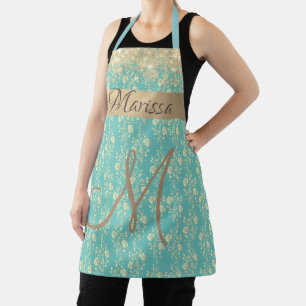 Monogram Gold Floral on Green Aquamarin Schürze
