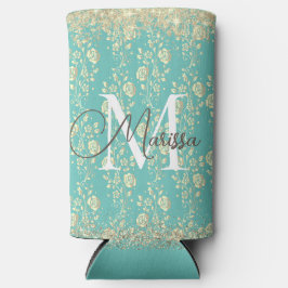 Monogram Gold Floral on Green Aquamarin Selters Dosenkühler