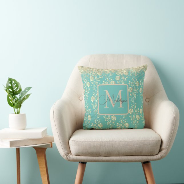 Monogram Gold Floral on Green Aquamarin Throw Kiss Kissen (Stuhl )