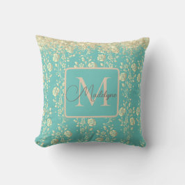 Monogram Gold Floral on Green Aquamarin Throw Kiss Kissen