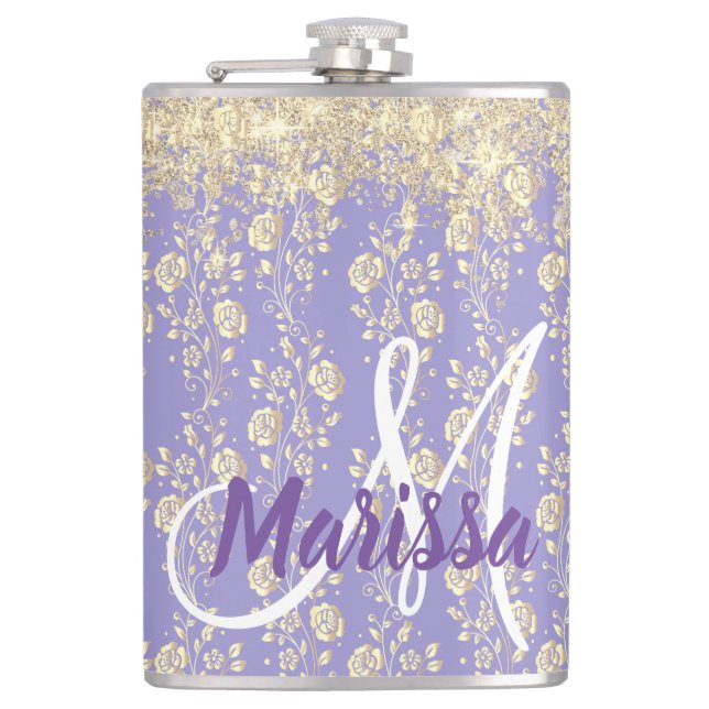 Monogram Gold Floral on Lavender Flachmann (Vorderseite)