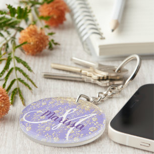 Monogram Gold Floral on Lavender Schlüsselanhänger