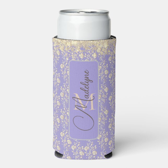 Monogram Gold Floral on Lavender Selters Dosenkühler (Seltzer Vorderseite)