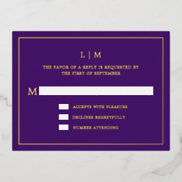 Monogram Gold Foil Lila Wedding RSVP Card Folie Einladungspostkarte