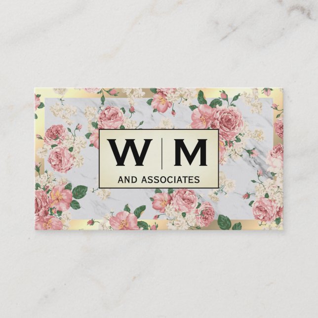 Monogram Gold Frame Marmor mit floralem Muster Visitenkarte (Vorderseite)