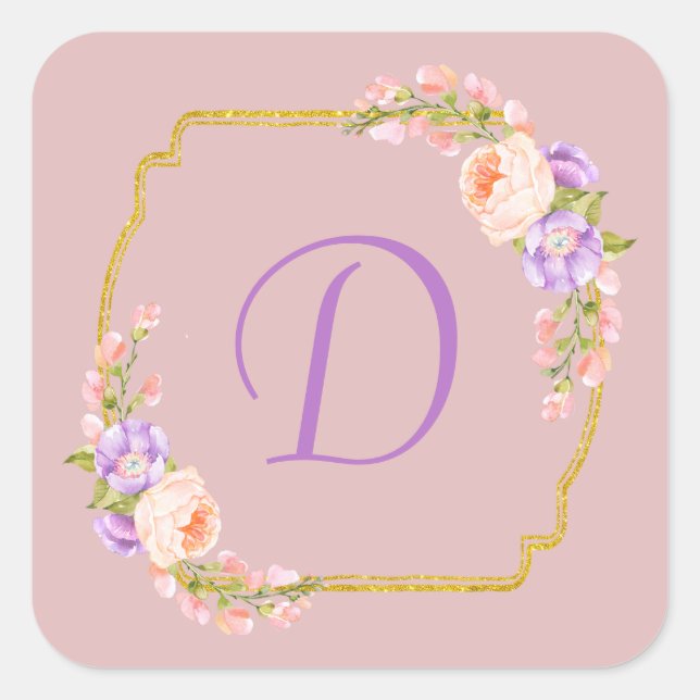 Monogram Gold Frame mit Blume Laurels Quadratischer Aufkleber (Vorderseite)