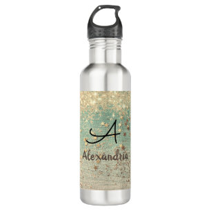 Monogram Gold Glitzer auf Sea Green Edelstahlflasche