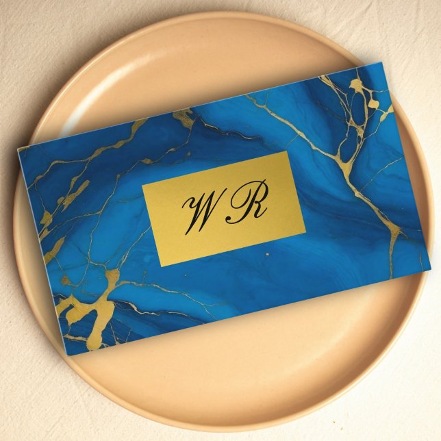 Monogram Gold Glitzer Blue Marmor Visitenkarte (Monogram gold glitter blue marble business card)