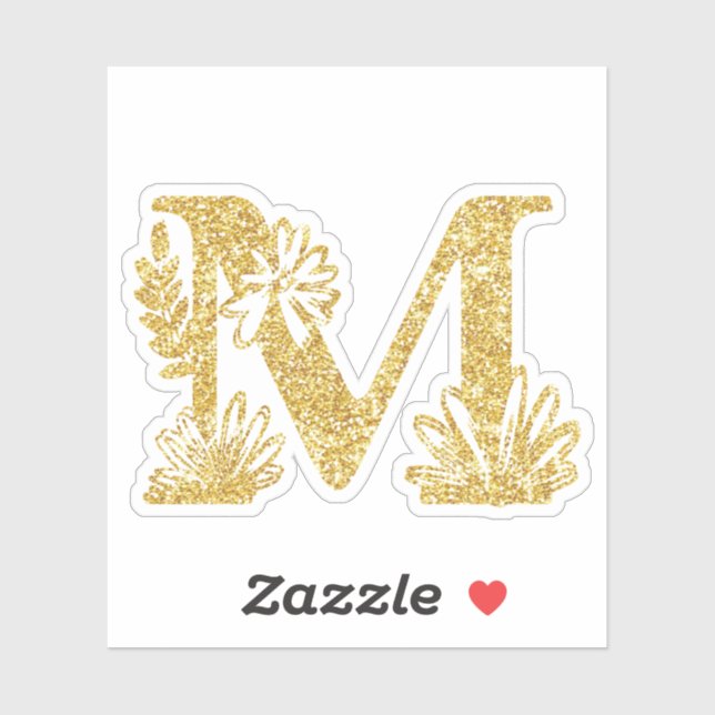 Monogram Gold Glitzer Initial M Floral Sticker (Blatt)