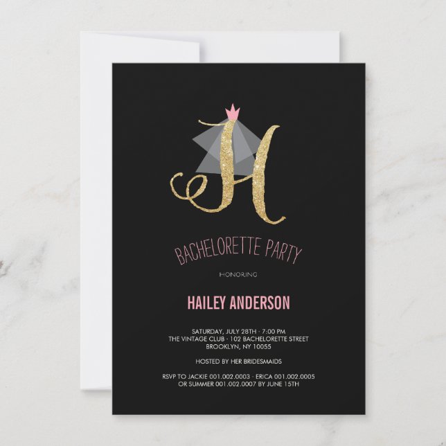 Monogram Gold Glitzer Junggeselinnen-Abschied Einl Einladung (Vorderseite)