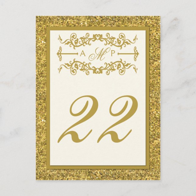 Monogram Gold Glitzer LOOK Tischnummer Card (Vorderseite)