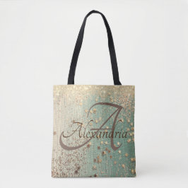 Monogram Gold Glitzer Stars auf grüner Runde Tasche