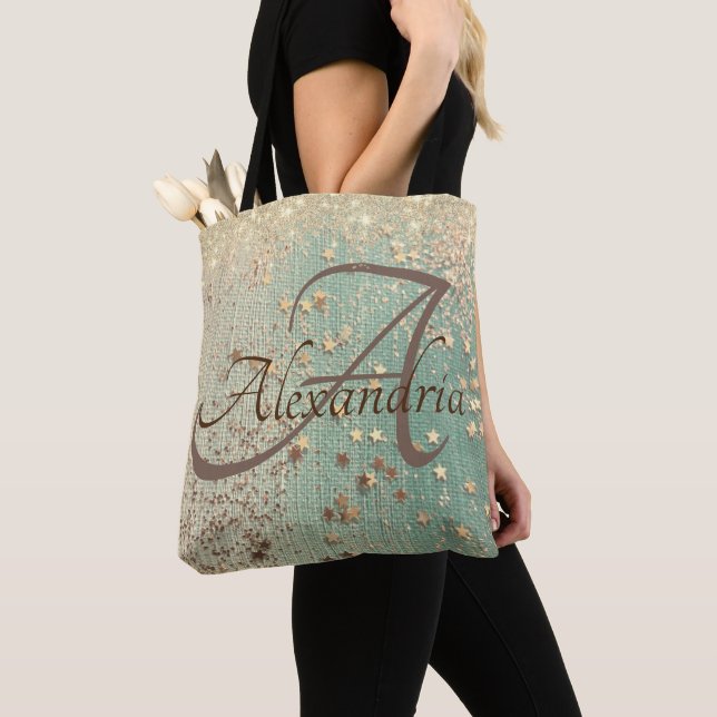 Monogram Gold Glitzer Stars auf grüner Runde Tasche (Von Nahem)
