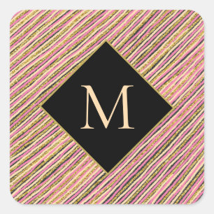 Monogram Gold Glitzer Stripes Black Quadratischer Aufkleber