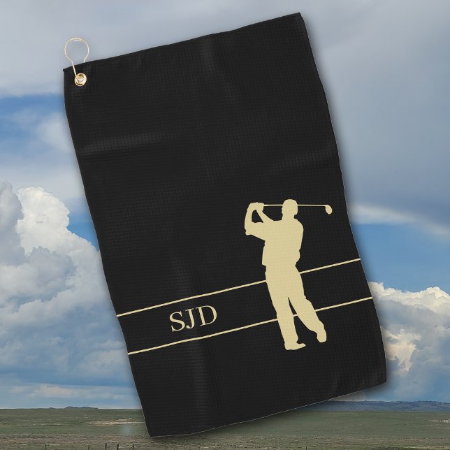 Monogram Gold Golfer on Black Golfhandtuch (Von Creator hochgeladen)