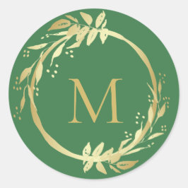 Monogram Gold Green Christmas Wreath Umschlag Aufk Runder Aufkleber