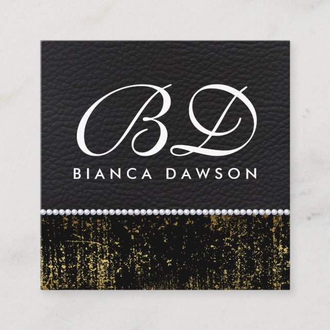 Monogram Gold Grunge Leather Pearls Quadratische Visitenkarte (Vorderseite)
