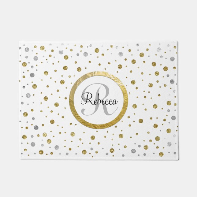 Monogram Gold Leaf Print Silber Confetti Fußmatte (Vorderseite)