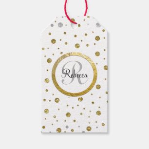 Monogram Gold Leaf Print Silver Confetti Geschenkanhänger